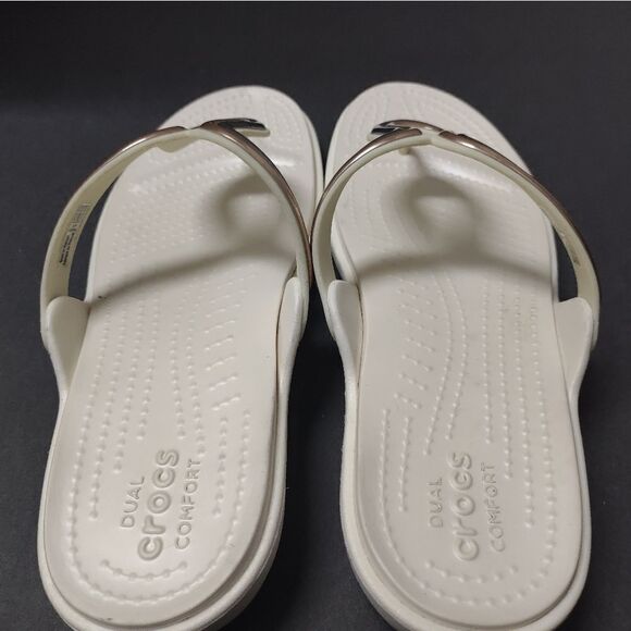 Crocs Sanrah Metalblock rose gold oyster white flat comfort sandals - Picture 3 of 6